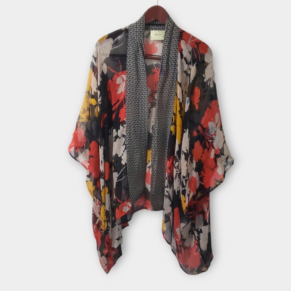 Elevenses Anthropologie 100% Silk Sheer Chiffon Floral Kimono Wrap OS Black Red